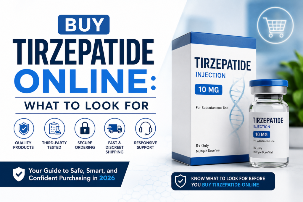 Buy Tirzepatide Online safely in 2026 guide featuring Tirzepatide injection vial, product packaging, quality verification, third-party testing, secure ordering, fast shipping, and trusted customer support.