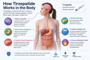 How Tirzepatide Works in the Body infographic showing appetite control, slower gastric emptying, improved insulin response, blood sugar regulation, and weight loss benefits.