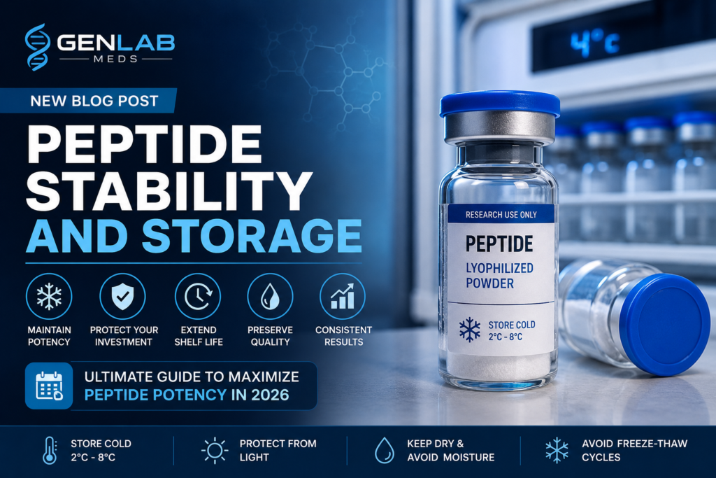 Peptide Stability and Storage Guide 2026 showing proper refrigeration, light protection, moisture control, and storage techniques to maximize peptide potency and shelf life.