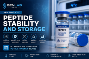 Peptide Stability and Storage Guide 2026 showing proper refrigeration, light protection, moisture control, and storage techniques to maximize peptide potency and shelf life.