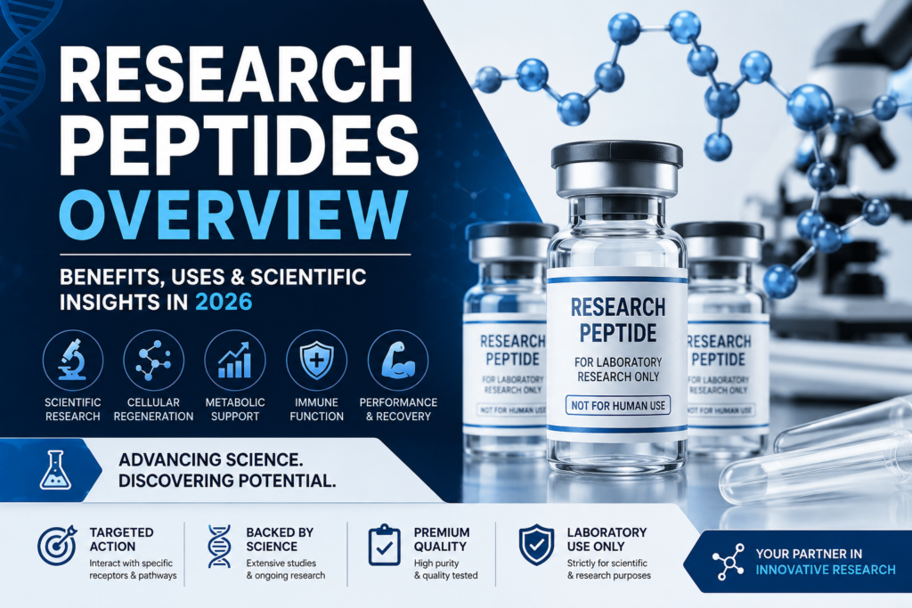 Research Peptides Overview infographic showing laboratory peptide vials, molecular structures, scientific benefits, and peptide research applications in 2026