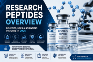 Research Peptides Overview infographic showing laboratory peptide vials, molecular structures, scientific benefits, and peptide research applications in 2026