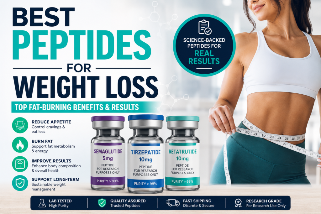 Comparison of the best peptides for weight loss including Semaglutide, Tirzepatide, and Retatrutide, highlighting appetite control, fat loss support, metabolic health, and sustainable weight management benefits in 2026.