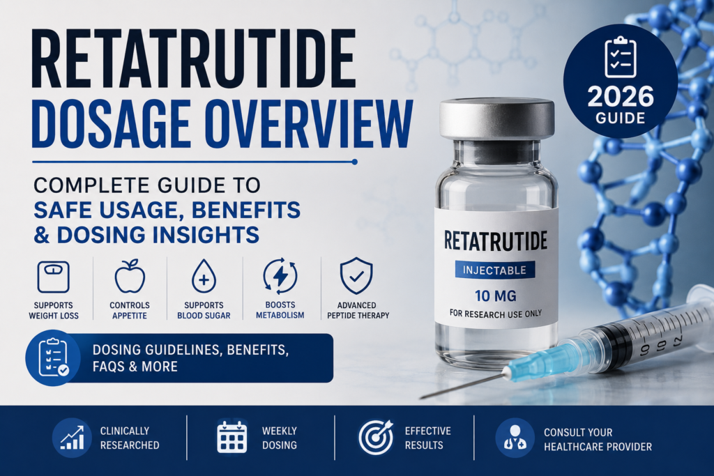 Retatrutide Dosage Overview guide showing Retatrutide injection vial, syringe, dosing information, weight loss benefits, and metabolic health support in 2026.