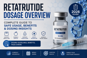 Retatrutide Dosage Overview guide showing Retatrutide injection vial, syringe, dosing information, weight loss benefits, and metabolic health support in 2026.
