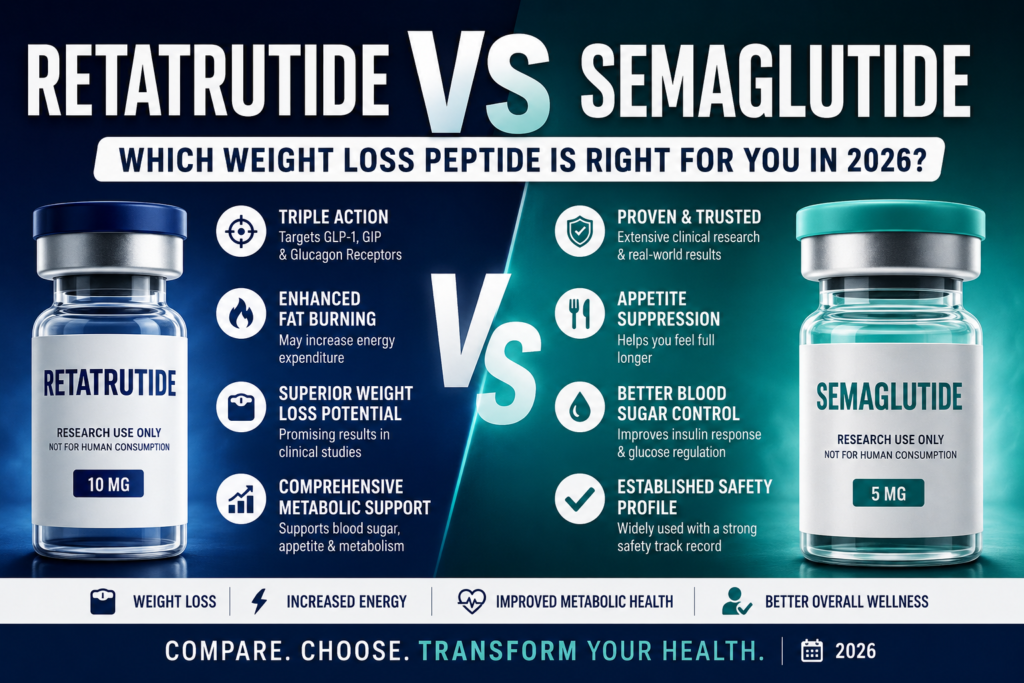 Retatrutide vs Semaglutide comparison showing weight loss benefits, appetite suppression, metabolic support, and peptide effectiveness in 2026.