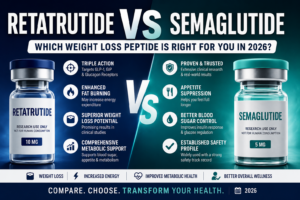 Retatrutide vs Semaglutide comparison showing weight loss benefits, appetite suppression, metabolic support, and peptide effectiveness in 2026.