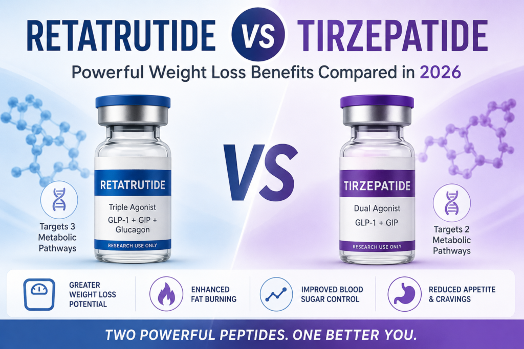 Retatrutide vs Tirzepatide comparison infographic showing key differences, weight loss benefits, metabolic pathways, appetite control, and blood sugar management in 2026.
