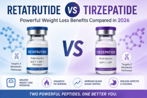 Retatrutide vs Tirzepatide comparison infographic showing key differences, weight loss benefits, metabolic pathways, appetite control, and blood sugar management in 2026.