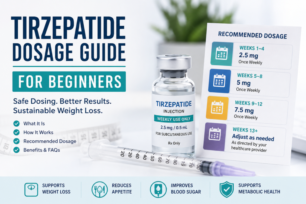 Tirzepatide Dosage Guide for Beginners showing weekly dosing schedule, weight loss benefits, appetite control, and safe dosage recommendations.