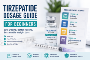 Tirzepatide Dosage Guide for Beginners showing weekly dosing schedule, weight loss benefits, appetite control, and safe dosage recommendations.
