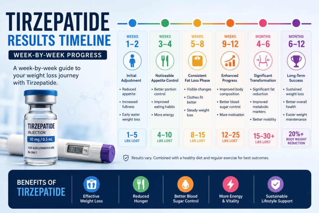 Tirzepatide Results Timeline showing week-by-week weight loss progress, appetite reduction, and health benefits from weeks 1 to 12 and beyond.