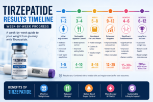 Tirzepatide Results Timeline showing week-by-week weight loss progress, appetite reduction, and health benefits from weeks 1 to 12 and beyond.