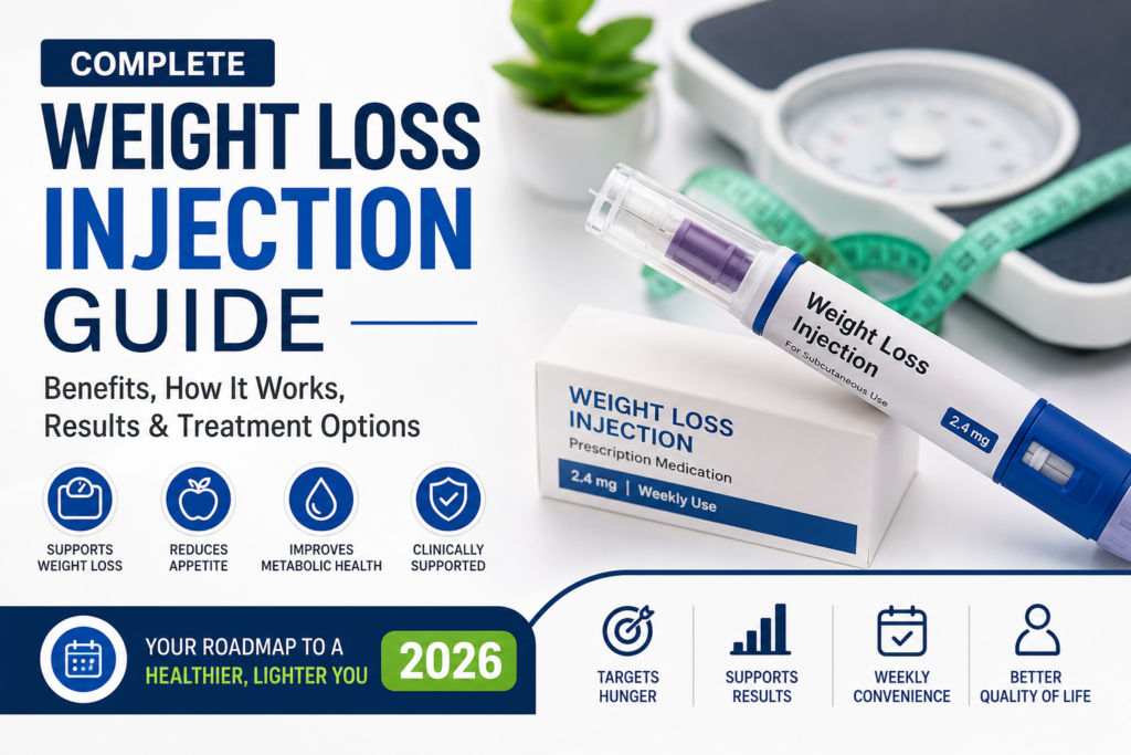 Weight Loss Injection Guide 2026 featuring a weight loss injection pen, medication box, scale, and measuring tape highlighting benefits, appetite control, metabolic support, and treatment options for medical weight management.
