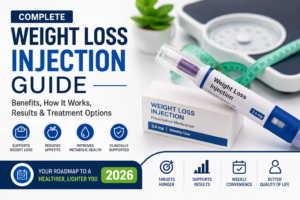 Weight Loss Injection Guide 2026 featuring a weight loss injection pen, medication box, scale, and measuring tape highlighting benefits, appetite control, metabolic support, and treatment options for medical weight management.