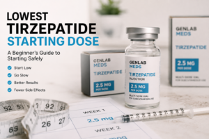 Lowest Tirzepatide Starting Dose guide with Genlab Meds Tirzepatide vial and syringe for beginner weight loss treatment