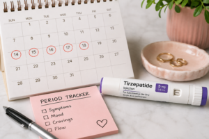 Irregular periods on Tirzepatide shown with a menstrual calendar and Tirzepatide injection pen for women's health and weight loss.
