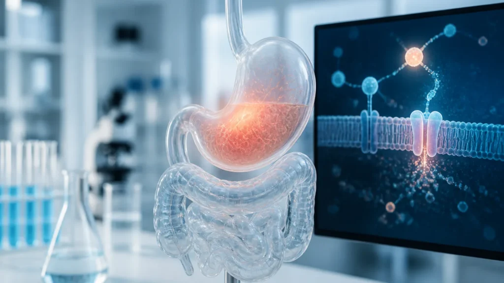 GLP-1 digestive side-effects research model showing the stomach and receptor signaling