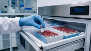 Lyophilized research peptide vials stored in a laboratory freezer
