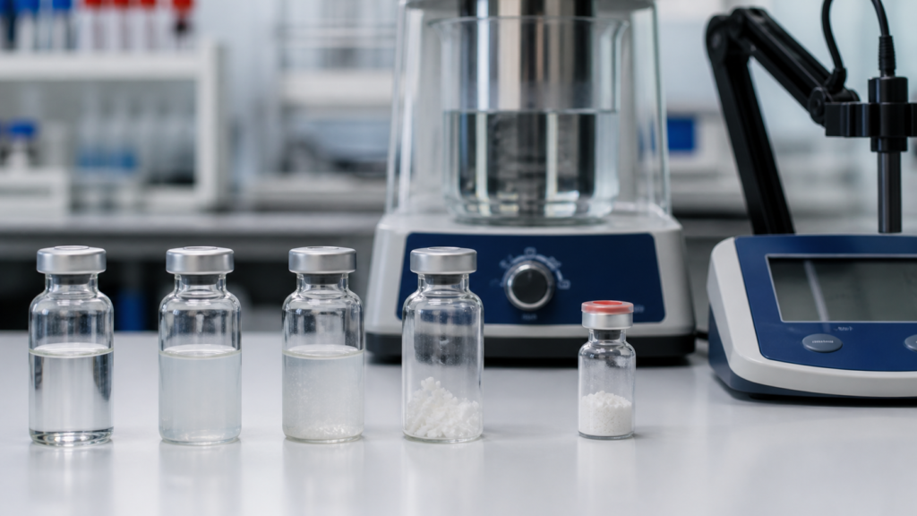 Research peptide solubility comparison in laboratory sample vials