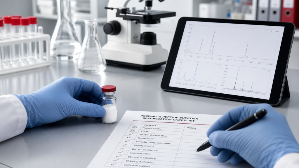 Laboratory researcher reviewing a research peptide supplier checklist