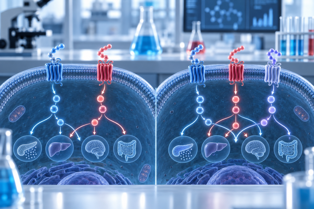 Laboratory visualization comparing dual and triple metabolic receptor signaling pathways