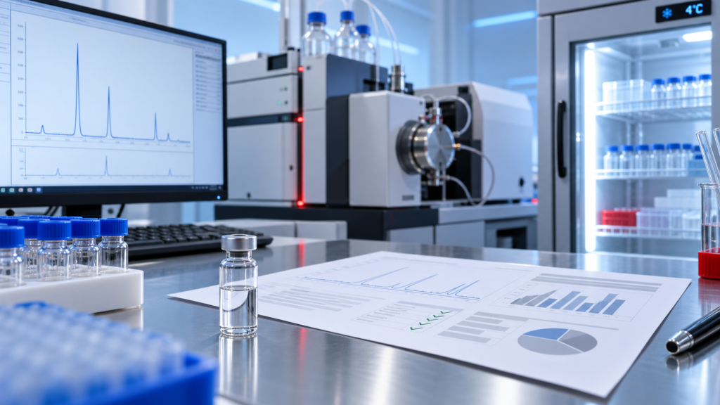 Peptide quality-control laboratory with chromatogram, certificate and cold storage