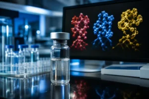 Retatrutide research vial with three molecular pathways representing triple agonist science