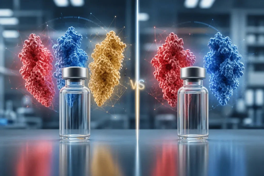 Retatrutide and tirzepatide research vials comparing triple and dual receptor pathways