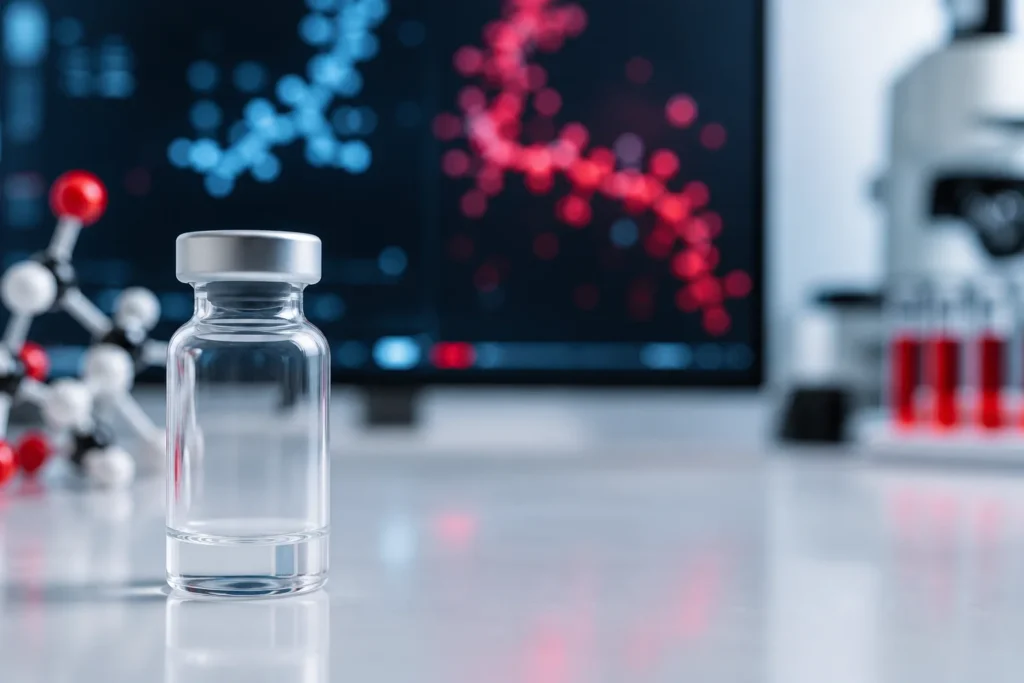 Tirzepatide research vial with GIP and GLP-1 molecular pathways in a laboratory