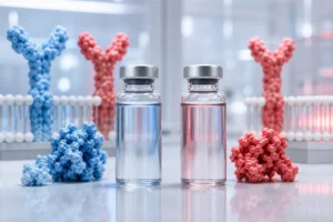 Tirzepatide and semaglutide research vials with receptor models for scientific comparison
